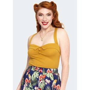 Voodoo Vixen Pinup Rockabilly Cross Strap Knit Mustard Top 8